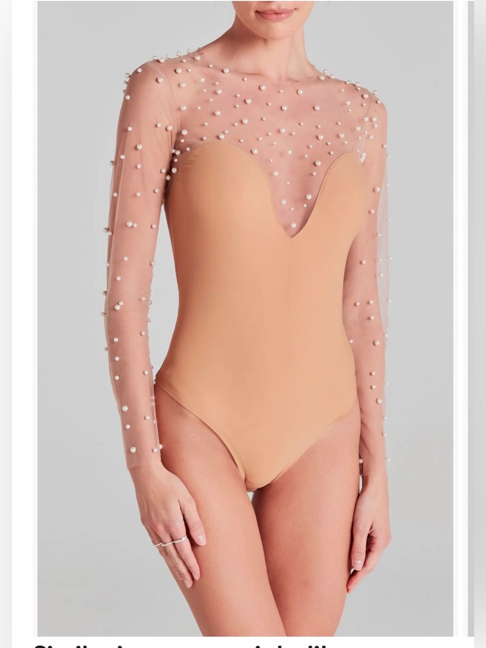 Nadine Merabi " Hettie"Pearl-Embellished Nude Bodysuit - Women Tops